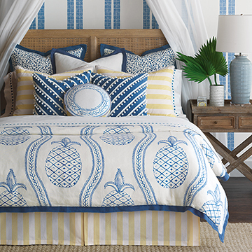 Pineapple Bobble - pillowcase, polka dot, fine linens, linens, sheets, sheeting, flat sheet, fitted sheet, embroidered, embroidery, 300 thread count, sateen, silky, smooth, italian, italian sheets, egyptian, egyptian cotton, washable, luxury bedding, hand-painted, pattern, designer bedding, celerie kemble, palm beach, pineapple, tropical, graphic, blue, yellow, whte, citrus, tambourine, print, playful, fun, beach, beachy, coastal, florida, california, island, caribbean, speckled, striped, ball trim, flange, made in usa, made in america, loop trim, table cloth, 100% linen, 100% cotton, natural, texture, luxury, luxurious, home decor, home goods, design, interior design, accessories, expensive, high end, high quality, good quality