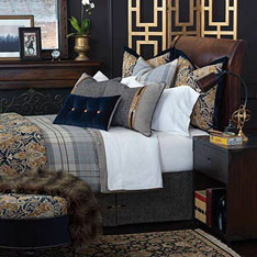 Arthur - luxury bedding, button-tufted, decorative bedding, buckle, monogram, designer bedding, plush, velvet, 100% cotton, throw pillows, decorative pillows, ottoman, accent pillows, duvet cover, faux leather, plaid, navy, brown, damask, duvet cover, comforter, draperies, curtains, curtain panel, bed skirt, sham, bed scarf, nailhead,