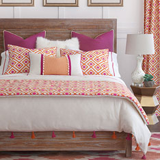Taylor - feminine, girly, eclectic, exotic, ethnic, bright, colorful, orange, tangerine, purple, pink, geometric, graphic, diamond, pattern, tassel, faux fur, furry, bedding, bedding collection, bedset, bedding ensemble, trim, boho, bohemian, urban, young, contemporary, duvet cover, duvet, comfoter, euro sham, king sham, standard sham, bolster, bed pillow, sham, pillow, monogram, brush fringe, zig-zag, chevron, made in usa, made in america, ball trim, jewel, jewel tone, tassel, curtain, curtain panel, drapery, draperies, curtains, window, window treatment, bed scarf, patterned, 100% cotton, luxury, luxurious, high end, high quality, expensive, good quality, home decor, home goods, interior design, decor, accessories