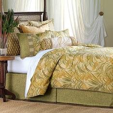 Antigua - luxury bedding, designer bedding, coastal, tropical, palm leaf, beads, beaded, hand-painted, decorative pillows, throw pillows, accent pillows, duvet cover, bolster, curtain panel, draperies, curtains, comforter, shams, storage chest, ottoman, bed skirt, throw, table runner,