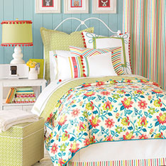 Arcadia - girls room bedding,tween room bedding,colorful girls room bedding,teen room bedding,floral print,rainbow,candy stripe,white and green,white and pink,feminine,bright,funky,lime green