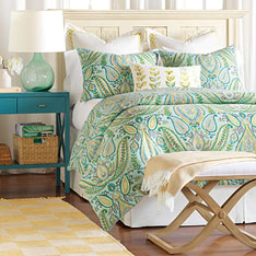 Barrymore - coastal, tropical, luxury bedding, beachy, designer, home decor, interior design, home goods, designer bedding, beach, island, spa, blue, green, yellow, lime, paisley, floral, pattern, leaf, handpainted, bedding, bedding collection, bedding ensemble, bedset, duvet cover, comforter, blanket, bed skirt, euro sham, king sham, standard sham, pillow, bed pillow, decorative pillow, accent pillow, throw pillow, boudoir, draperies, curtains, curtain panel, window treatment, geometric, 100% cotton, carefree, breezy, expensive, luxury, luxurious, high quality, high end
