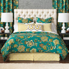 McQueen - teal, blue, green, yellow, citron, jewel tone, diamond pattern, floral, jacobean, geometric, graphic, bedding, bedset, bedding collection, bedding ensemble, luxury, luxurious, high-end, high quality, expensive, good quality, duvet cover, duvet, comforter, bed skirt, euro sham, king sham, stndard sham, boudoir, bed pillows, pillow, decorative pillows, accent pillows, throw pillows, window treatment, curtain, draperies, 100% cotton, natural