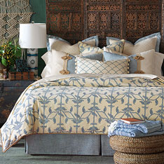 Badu - tropical, island, boho, bohemian, caribbean, coastal, blue, spa, floral, vine, pattern, bedset, bed, bedding, bedding collection, bedding ensemble, duvet cover, duvet, comforter, blanket, bed skirt, sham, pillow, natural, texture, luxury, expensive, high end, high quality, luxurious, bolster, decorative pillow, accent pillow, throw pillow, lumbar pillow, flange, matelasse, quilted, cream, white, made in usa, made in america, trim application, rope, embroidery, embroidered, ball trim, pleated, monogram, boxed, 100% cotton, linen, frog tie, decoration, accessorized