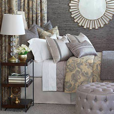 Amal - luxury bedding, designer bedding, glitz, glam, glamorous, silver, gold, metallic, footstool, storage ottoman, throw pillows, decorative pillows, accent pillows, duvet cover, comforter, marbled, button-tufted, hand-tacked, laser-cut, bed skirt, shams, curtain panels, draperies, curtains, geometric, monogram