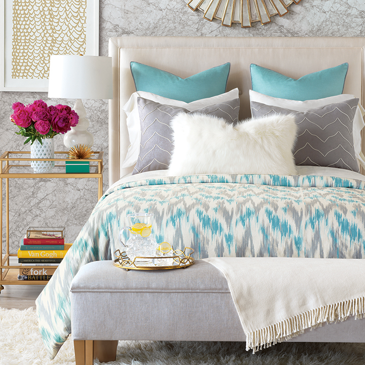 Eloise - boho, fun, funky, hip, bohemian, global, ethnic, tribal, ikat, faded, artsy, painterly, blue, grey, white, faux fur, chic, glam, opulent, texture, contemporary, glamorous, bedding, bedset, bedding collection, bedding ensemble, duvet cover, duvet, comforter, euro sham, king sham, standard sham, boudoir, decorative pillow, accent pillow, throw pillow, trim application, tropical, zig-zag, chevron, curtain, draperies, window treatment, 100% cotton, linen, fur, ivory, beach