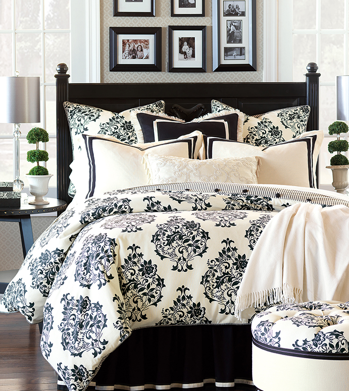 black and cream bedding and curtains