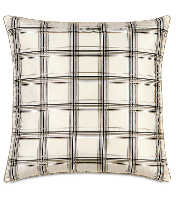 BECKETT INK EXTRA EURO SHAM - PLAID,BLACK,WHITE,GREY,TAN,SILVER,CLASSIC,CHECKERED,CREAM,NEUTRAL,TRADITIONAL,PATTERNED,INTERIOR DESIGN,STYLE,BEDDING,LUXURY BEDDING,HOME DECOR,BEDROOM,ACCENT,SQUARE,PILLOW,CORD