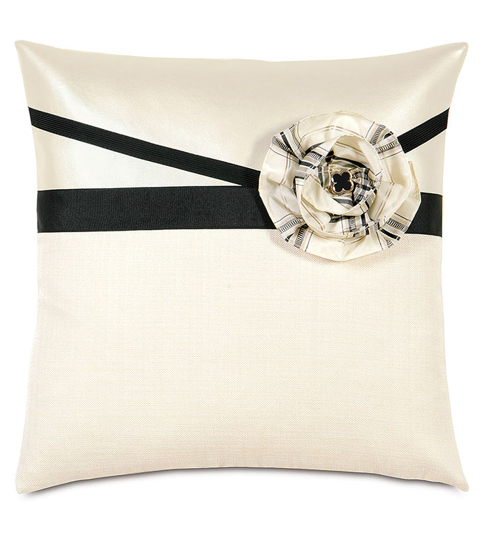 Abernathy Rosette Decorative Pillow - BLACK,WHITE,CLASSIC,CREAM,NEUTRAL,TRADITIONAL,PATTERNED,INTERIOR DESIGN,STYLE,BEDDING,LUXURY BEDDING,HOME DECOR,BEDROOM,ACCENT,VINYL,SHINY,METALLIC,FLOWER,RIBBON,TRIM,SQUARE