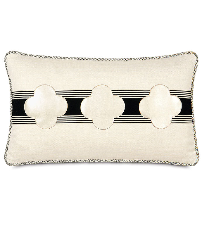 Abernathy Clover Decorative Pillow - BLACK,CLASSIC,CREAM,NEUTRAL,TRADITIONAL,PATTERNED,INTERIOR DESIGN,STYLE,BEDDING,LUXURY BEDDING,HOME DECOR,BEDROOM,ACCENT,SHINY,TRIM,STRIPE,HORIZONTAL,CLOVER,VINYL,PINSTRIPE,CORD