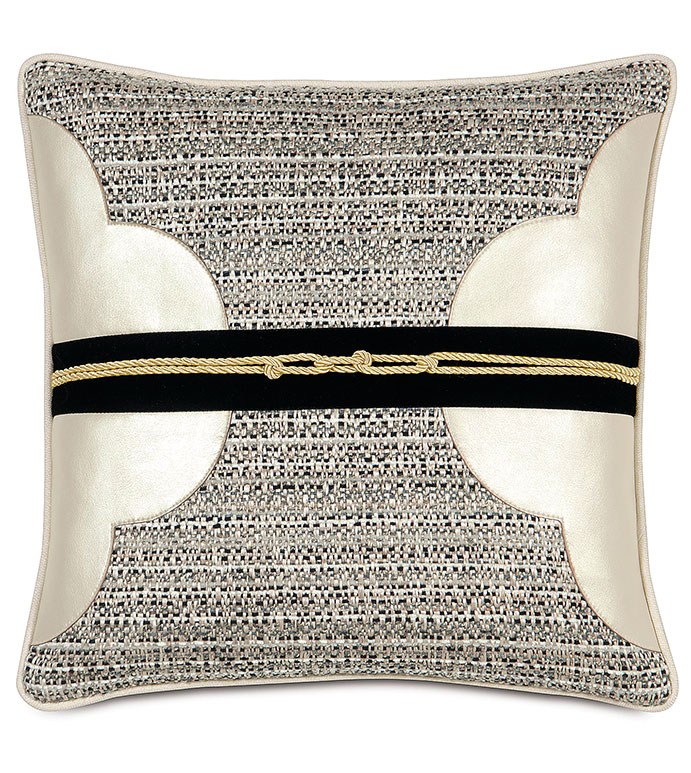 Abernathy Quatrefoil Decorative Pillow - BLACK,CLASSIC,CREAM,NEUTRAL,TRADITIONAL,PATTERNED,INTERIOR DESIGN,STYLE,BEDDING,LUXURY BEDDING,HOME DECOR,BEDROOM,ACCENT,SHINY,TRIM,CLOVER,ROPE,STRIPE,GOLD,CONTRAST,SQUARE,CORD