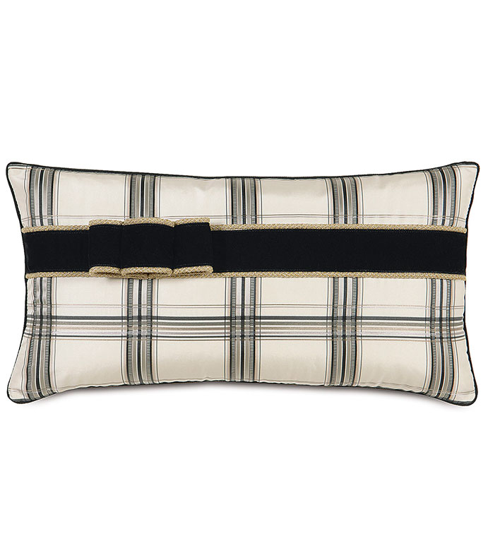 BECKETT INK WITH RIBBON - PLAID,BLACK,WHITE,GREY,TAN,SILVER,CLASSIC,CHECKERED,CREAM,NEUTRAL,TRADITIONAL,PATTERNED,INTERIOR DESIGN,STYLE,BEDDING,LUXURY BEDDING,HOME DECOR,BEDROOM,ACCENT,GOLD,RIBBON,BOW