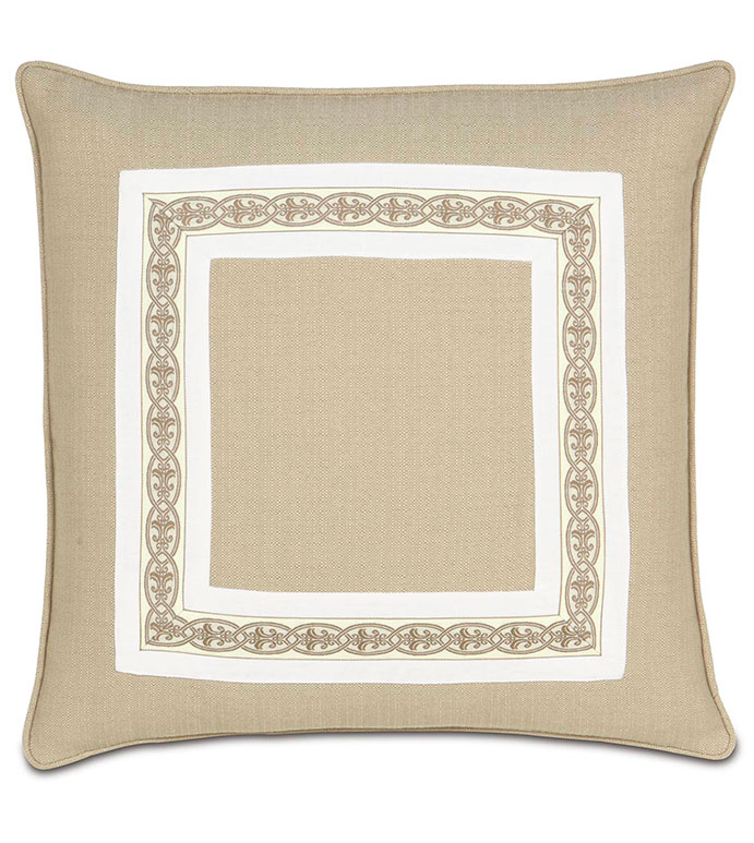 VIVO BISQUE WITH BORDER - TAN DECORATIVE PILLOW,NEUTRAL BEDDING,CLASSIC,NEUTRAL,TRANSITIONAL,INSET BORDER,WHITE AND TAN,OVERSIZED,SQUARE,CONTRAST TRIM,MITERED TRIM,APPLIQUE,SAND,WELT EDGE,CORD,MITER