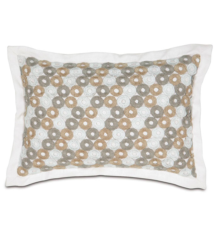 BREEZE WHITE WITH MITERED FLANGE - WHITE PILLOW WITH TRIM, TEXTURED,APPLIQUE,TAN,GREY,GRAY,SLATE,WHITE,CREAM,BUBBLE,FEMININE,NEUTRAL,TRIM DESIGN,WIDE BORDER,FLANGE EDGE,WHITE LINEN,SOLID LINEN,GRAPHIC,CIRCLE