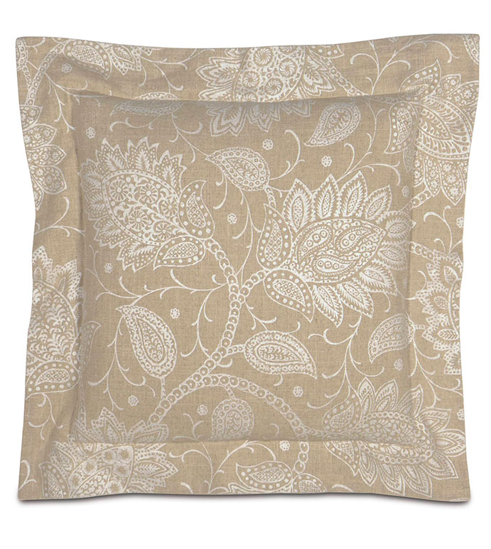 AILEEN WITH DOUBLE FLANGE - TAN PAISLEY,NEUTRAL PAISLEY,NEUTRAL PAISLEY PILLOW,NEUTRAL FLORAL PILLOW,CLASSIC,TRANSITIONAL,FLORAL PRINTED,CREAM,IVORY,WHITE,LARGE PAISLEY,TAN AND WHITE,FLANGE EDGE,BORDER,SQUARE