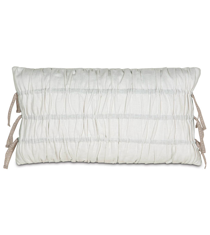 BREEZE WHITE RUCHED - RUCHED PILLOW,WHITE RUCHED PILLOW,PILLOW WITH RUCHING,WHITE LINEN,WHITE AND TAN,TAN,CREAM,IVORY,NEUTRAL,BOLSTER,SOLID LINEN,CLASSIC,FEMININE,TIES,BOWS,RIBBON,GATHERED PILLOW