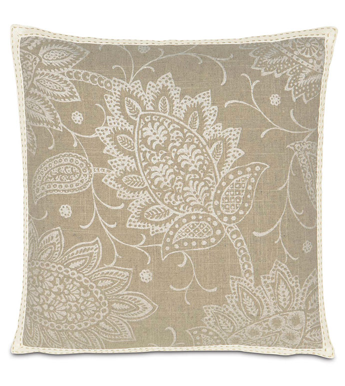 AILEEN WITH RIBBON - TAN PAISLEY,NEUTRAL PAISLEY,NEUTRAL PAISLEY PILLOW,NEUTRAL FLORAL PILLOW,CLASSIC,TRANSITIONAL,FLORAL PRINTED,CREAM,IVORY,WHITE,LARGE PAISLEY,TAN AND WHITE,TRIM EDGE,BORDER,SQUARE
