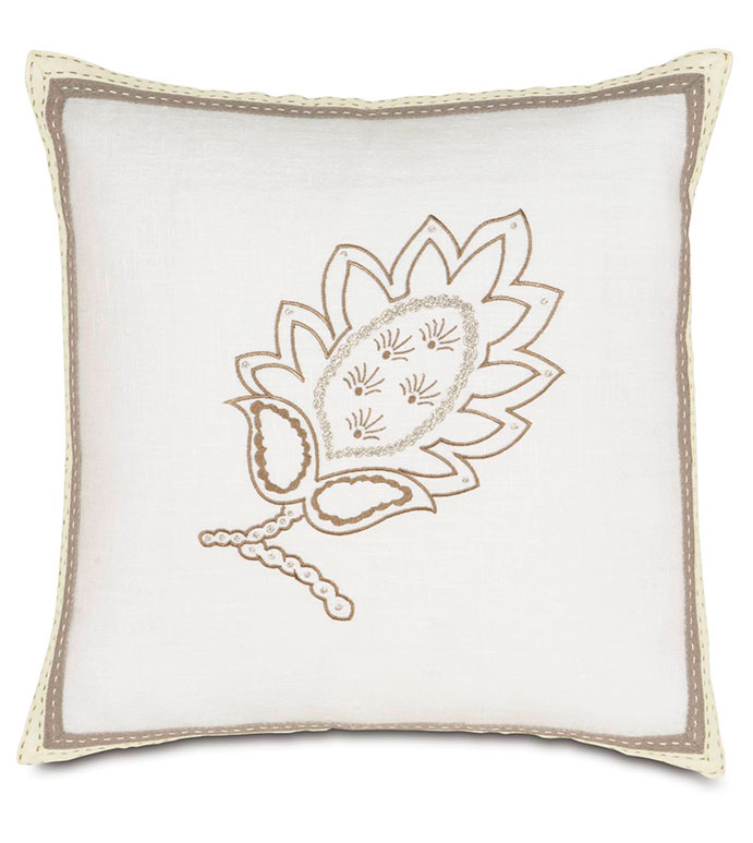 BREEZE WHITE EMBROIDERED - WHITE EMBROIDERED PILLOW,FLORAL EMBROIDERED PILLOW,FLORAL EMBROIDERY,WHITE AND TAN,NEUTRAL,CLASSIC,TRANSITIONAL,EMBROIDERED DESIGN,TRIM EDGE,SOLID LINEN,WHITE LINEN,IVORY