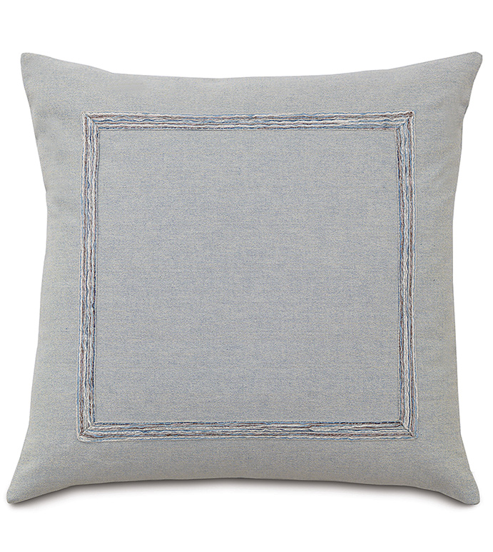 Sheldon Glaze WITH mitered gimp - DECORATIVE PILLOW,SQUARE,KNIFE EDGE,GREY,WHITE,BLUE,METALLIC,SOLID COLOR,SILVER,MITTERED TRIM,BEDDING,BEDROOM,COTTON,TRANSITIONAL,SOFT,ZIPPER CLOSURE,FACE DESIGN,