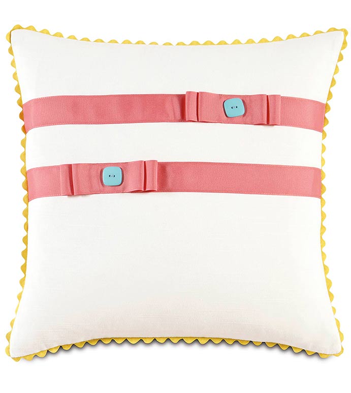 BALDWIN WHITE WITH RIBBON - GIRLS PILLOW WITH BOWS,GIRLS ROOM BEDDING,GIRLS ROOM PILLOW,WHITE AND PINK,WHITE AND YELLOW,SQUARE KIDS PILLOW,TWEEN PILLOW,FEMININE,FUNKY,GIRLS ROOM BEDDING,GIRLS ACCENT PILLOW