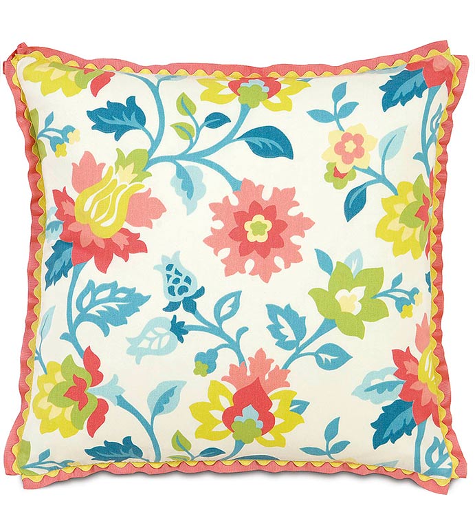 ARCADIA WITH RIBBON - TWEEN ROOM PILLOW,GIRLS ROOM PILLOW,ZIG ZAG TRIM,FLORAL PRINTED,FLOWER PRINTED PILLOW,RAINBOW,WHITE AND PINK,WHITE AND BLUE,FEMININE,FUNKY,GIRLS ROOM ACCENT PILLOW,KIDS PILLOW