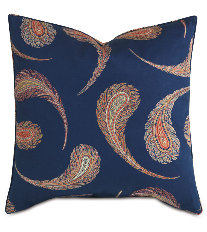 Aigrette Paisley Decorative Pillow - DECORATIVE PILLOW,THROW PILLOW,PILLOW,ACCENT PILLOW,CUSHION,NAVY,BLUE,JEWEL,PAISLEY,PATTERN,MOTIF,PRINT,TEARDROP,EXOTIC,GLOBAL,ETHNIC,TRADITIONAL,MIDDLE EASTERN,WELT,BARCLAY BUTERA