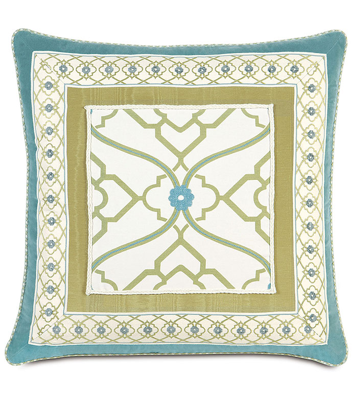 BRADSHAW BORDER COLLAGE - BLUE COLLAGE PILLOW,BLUE FLORAL PILLOW,TWEEN FLORAL BEDDING,TWEEN ROOM PILLOW,FEMININE,CASUAL,CONTEMPORARY,GEOMETRIC,BLUE AND GREEN,BLUE AND WHITE,FUNKY,EMBROIDERED,INSET TRIM