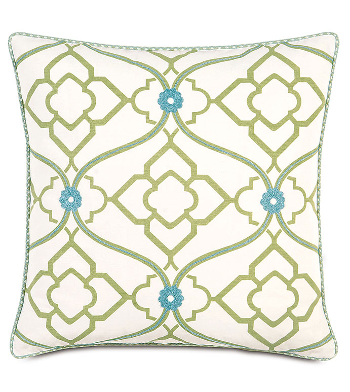 Bradshaw With Cord - GREEN AND BLUE DECORATIVE PILLOW,BRIGHT FEMININE PILLOW,GREEN AND BLUE,EMBROIDERED,GEOMETRIC,FLORAL PATTERN,CONTEMPORARY,FEMININE,LIME GREEN ACCENT PILLOW,COTTON GIRLS PILLOW