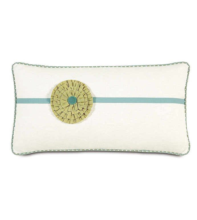 FILLY WHITE WITH ROSETTE - WHITE FLOWERED BOLSTER,WHITE GIRLS ACCENT PILLOW,FLOWER POWER PILLOW,FLOWER BOW,WHITE AND GREEN,GREEN AND BLUE,TWEEN ROOM PILLOW,BRIGHT FEMININE,CASUAL,FLOWER BOLSTER PILLOW
