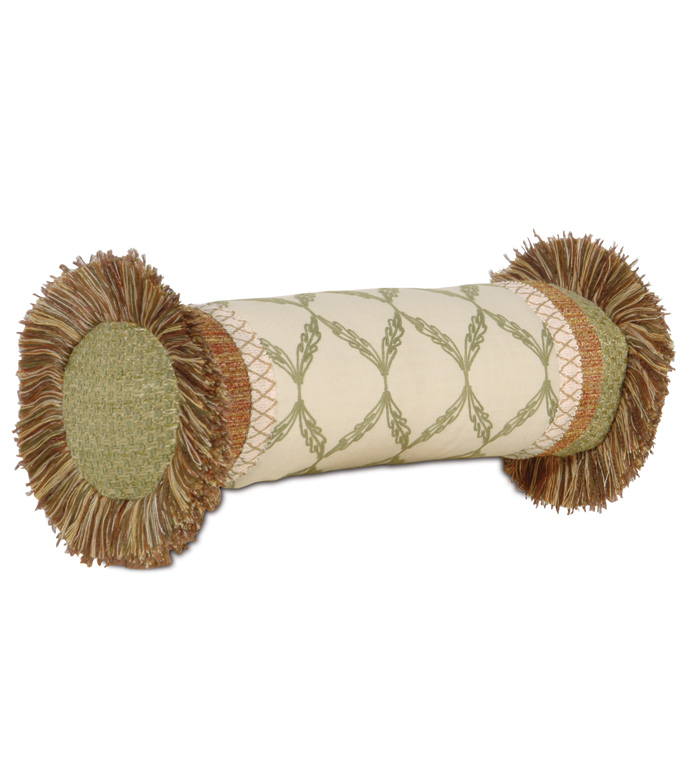 BARTOW PALM INSERT NECKROLL - TROPICAL NECKROLL PILLOW,BEACH STYLE PILLOW,CABANA PILLOW,EARTH TONE,TROPICAL FRINGE PILLOW,GREEN AND TAN,BURNT SIENNA,COLLAGE PILLOW,CASUAL TROPICAL,MUTED,LATTICE PRINT,WOVEN