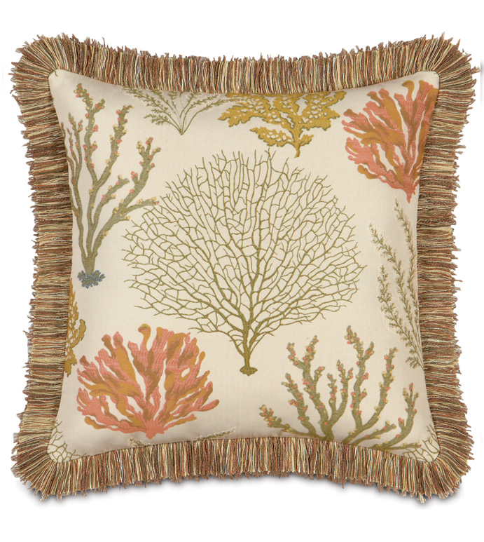 CAICOS WITH BRUSH FRINGE - SEA THEMED PILLOW,BEACH STYLE PILLOW,TROPICAL PILLOW,EARTH TONED,UNDER THE SEA PILLOW,BEACH HOUSE,CORAL,CASUAL TROPICAL,GREEN AND TAN,TROPICAL FRINGE PILLOW,NATURAL,BRUSH FRINGE