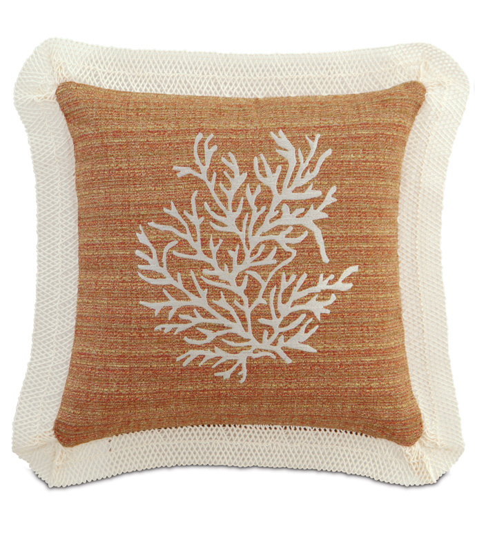 EMBROIDERED CORAL - EMBROIDERED CORAL PILLOW,EMBROIDERED TROPICAL PILLOW,BOTANICAL PILLOW,UNDER THE SEA,CASUAL TROPICAL,CONTEMPORARY,EARTH TONE,BURNT SIENNA,FISH NET,BEACH STYLE,ORANGE AND WHITE
