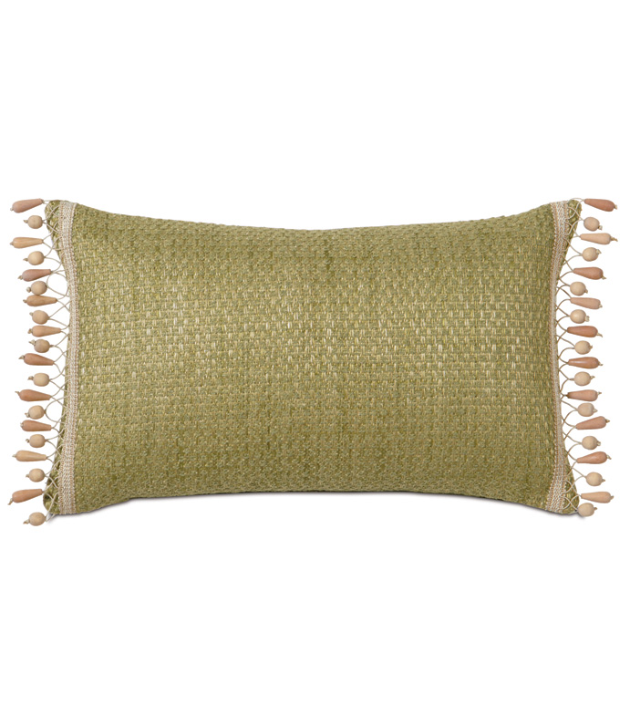 WADES GREEN WITH BEADED TRIM - WOOD BEADED PILLOW,HEMP TRIM,GREEN WOVEN PILLOW,GREEN TROPICAL PILLOW,BEACH STYLE,GREEN CABANA PILLOW,CASUAL TROPICAL,MUTED,EARTH TONE,BEACH HOUSE ACCENT PILLOW,SOLID GREEN