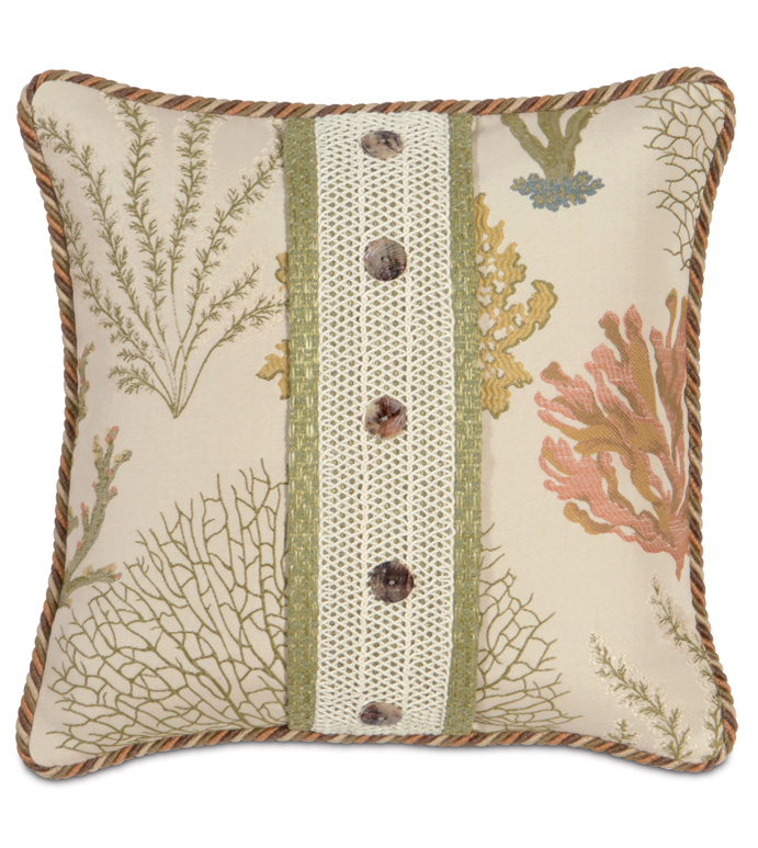 CAICOS WITH BUTTONS - CORAL REEF PILLOW,UNDER THE SEA PILLOW,BEACH STYLE PILLOW,GREEN TROPICAL PILLOW,EARTH TONE,NATURAL,MUTED,TAN AND GREEN,CASUAL TROPICAL,CONTEMPORARY,BEACH HOUSE PILLOW,WOVEN,