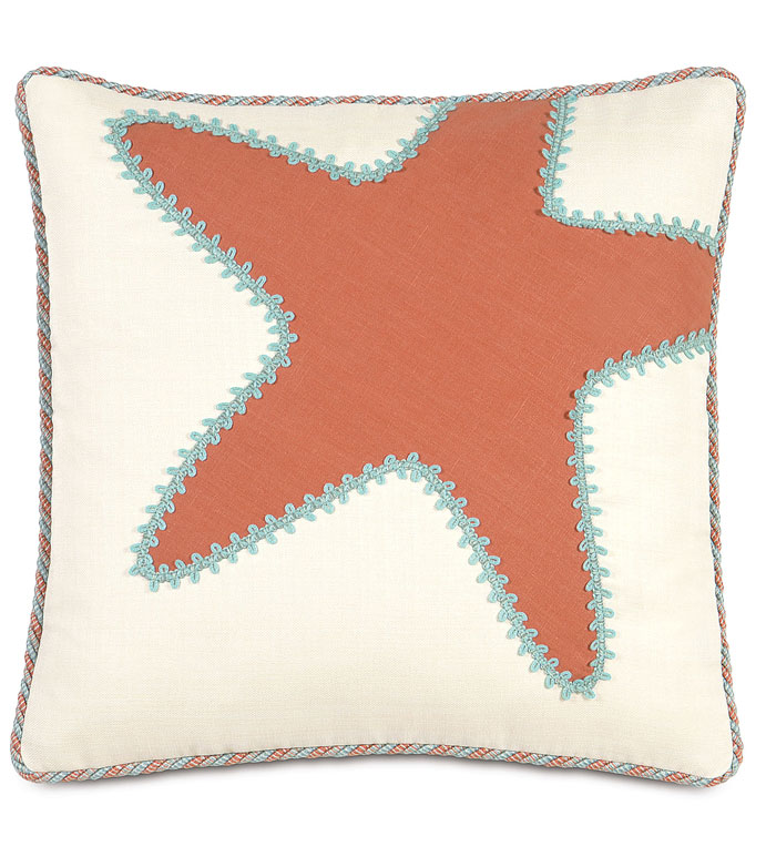 BREEZE TANGERINE STARFISH - STARFISH PILLOW,TROPICAL STARFISH PILLOW,BEACH HOUSE STARFISH PILLOW,ORANGE AND WHITE,ORANGE AND BLUE,BLUE AND WHITE,ORANGE LINEN,CASUAL TROPICAL,BEACH STYLE PILLOW,BLUE TRIM,IVORY