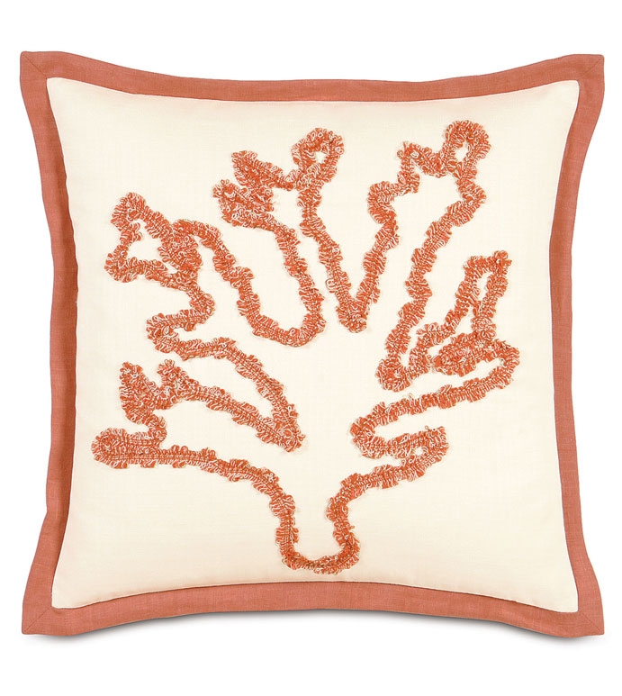 FOLLY PARCHMENT WITH CORAL - CORAL REEF PILLOW,TROPICAL CORAL PILLOW,CORAL DESIGN PILLOW,ORANGE AND WHITE,WHITE AND ORANGE,TRIM DESIGN,BOTANICAL PILLOW,FLORAL PILLOW,NATURAL,TROPICAL,CASUAL,BEACH STYLE,MITERED