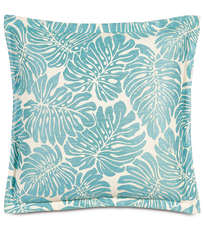 CAPRI WITH SELF FLANGE - PALM LEAF PILLOW,TROPICAL PALM PILLOW,BLUE TROPICAL PILLOW,BLUE AND WHITE,BRIGHT TROPICAL PILLOW,BEACH STYLE PILLOW,REVERSIBLE,FOLIAGE,NATURAL,WOVEN,SELF FLANGE PILLOW,RESORT