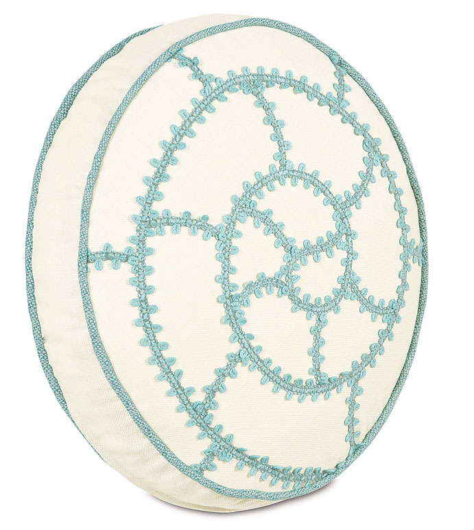 FOLLY PARCHMENT TAMBOURINE - SHELL SHAPED PILLOW,ROUND SHELL PILLOW,UNDER THE SEA PILLOW,SEASHELL PILLOW,TROPICAL TAMBOURINE PILLOW,TROPICAL ROUND PILLOW,WHITE AND BLUE,SMALL ROUND PILLOW,BEACH STYLE,TRIM