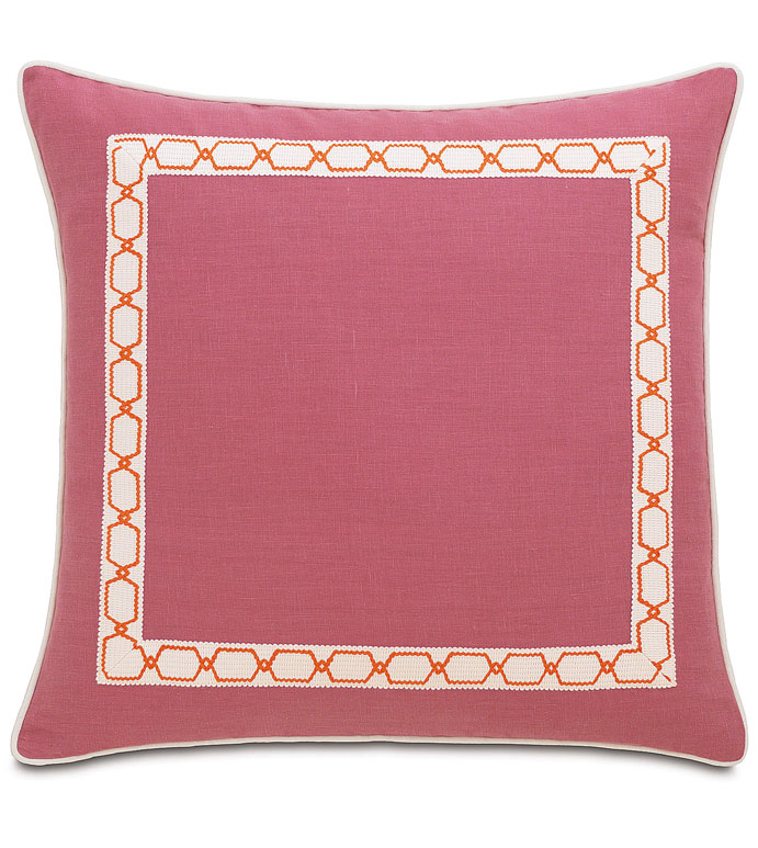 Breeze Bloom WITH border - PINK LINEN PILLOW,PINK SOLID PILLOW,SOLID LINEN,HOT PINK PILLOW,INSET TRIM,PINK ECLECTIC PILLOW,CONTEMPORARY,TRANSITIONAL,ORANGE AND WHITE,PINK AND WHITE,FEMININE,TEEN ROOM,TWEEN