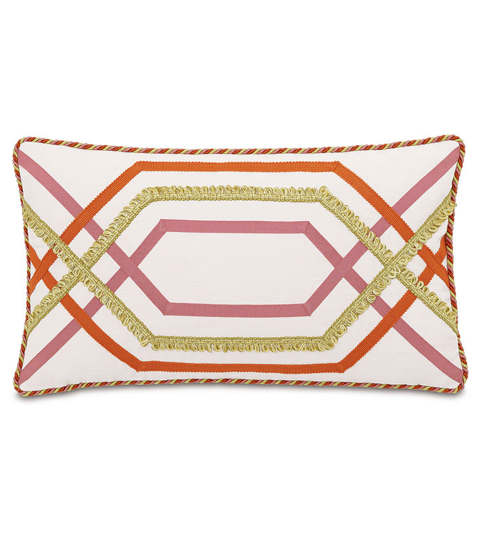 Witcoff Ivory With Trims - WHITE AND PINK PILLOW,TRIM DESIGN,PINK AND ORANGE,BRIGHT STRIPED PILLOW,COLORFUL STRIPED,GRAPHIC DESIGN,GEOMETRIC PILLOW,FEMININE PILLOW,ECLECTIC,CONTEMPORARY,TEEN GIRLS PILLOW