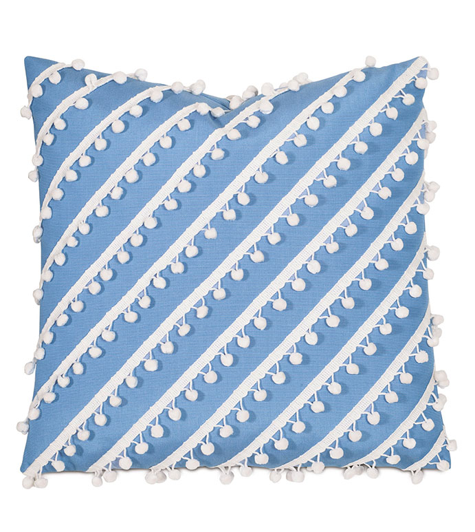 Tarheel Blue WITH ball trim - PILLOW,OUTDOOR PILLOW,BLUE PILLOW,FRINGE PILLOW,TOSS CUSHION,THROW PILLOW,MILDEW PROOF PILLOW,CUSTOMIZABLE PILLOW,DOUBLE SIDED PILLOW,WHIMSICAL PILLOW,CELERIE KEMBLE PILLOW