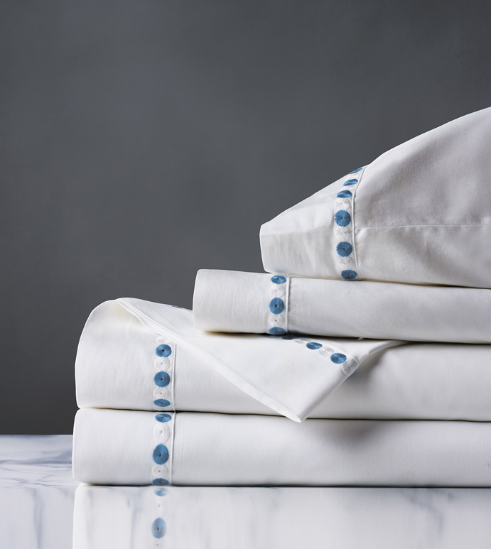 Tivoli Ocean Sheet Set - sheet set,white sheet set,blue sheet set,classic sheet set,washable sheet set,luxury sheets,high thread count sheets,gussetted sheets,luxury sheet set,egyptian sheets,bedding