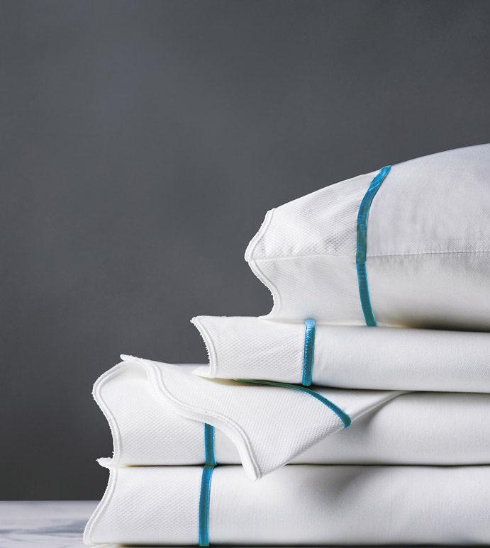 CALYPSO PEACOCK SHEET SET - sheet set,white sheet set,peacock trim sheet set,classic sheet set,washable sheet set,luxury sheets,high thread count sheets,gussetted fitted sheet,luxury sheet set