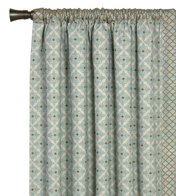 ARLO ICE CURTAIN PANEL LEFT - SPA GREEN CURTAIN PANEL,DECORATIVE ROD POCKET PANEL,BOHEMIAN CURTAIN,GREEN AND WHITE,BLUE AND WHITE,LEADING EDGE TRIM,COASTAL,CONTEMPORARY,EARTH TONE,GRAPHIC DESIGN,EARTH TONE