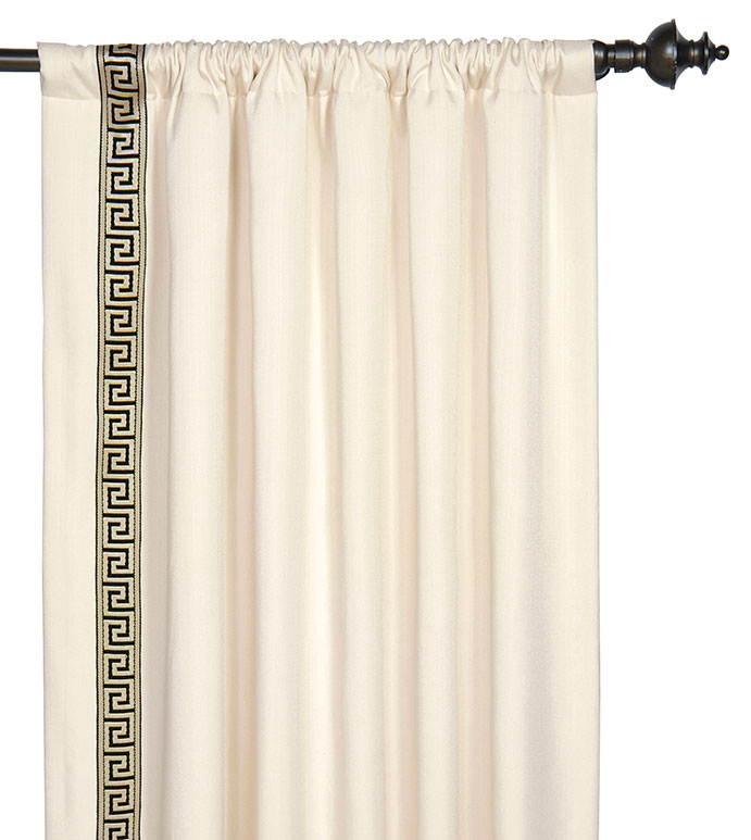 Abernathy Greek Key Curtain Panel (Right) - CREAM,IVORY,GREEK KEY,GREEK KEY CURTAIN,ROD POCKET PANEL,ROD POCKET CURTAIN,DRAPERY,WINDOW TREATMENT,LEADING EDGE,BLACK AND GOLD,TRIM,WINDOW PANEL,DESIGNER DRAPERY,CLASSIC,GLAM