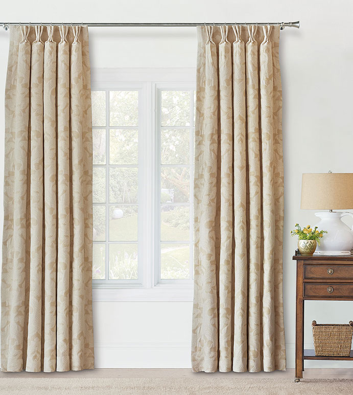BROOKFIELD CURTAIN PANEL - BROCADE CURTAIN,IVORY BROCADE CURTAIN,BROCADE DRAPERY,NEUTRAL CLASSIC DRAPE,GOBLET PLEAT CURTAIN,VICTORIAN PLEATED CURTAIN,NEUTRAL DECORATIVE CURTAIN,TAN AND CREAM,TRADITIONAL