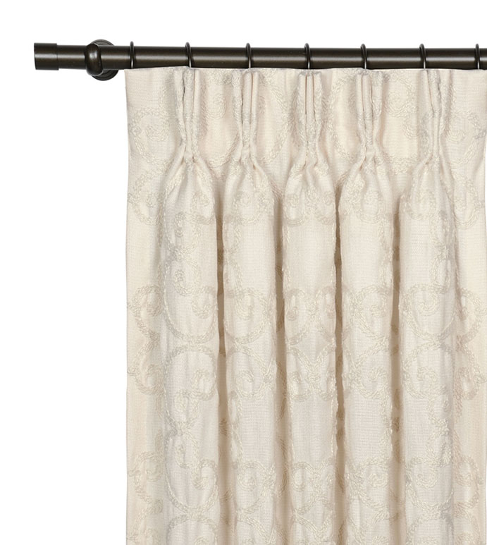 Desiree Pearl Curtain Panel - CREAM EMBROIDERED CURTAIN,EMBROIDERED DRAPERY,IVORY DRAPE,IVORY EMBROIDERED CURTAIN,PINCH PLEAT CURTAIN,PLEATED DRAPE,NEUTRAL,SOLID,BEIGE,PAISLEY,TEXTURED,FEMININE,CLASSIC,BEIGE