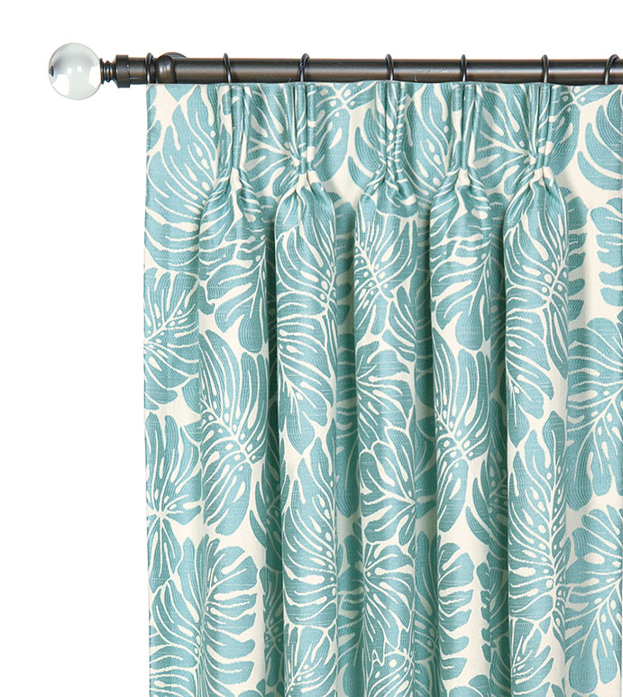 CAPRI CURTAIN PANEL - PLEATED TROPICAL CURTAIN,TROPICAL CURTAIN,TROPICAL DRAPERY,BLUE AND WHITE,PALM LEAF,BOTANICAL DRAPERY,FOLIAGE,RESORT DRAPERY,BLUE PINCH PLEAT CURTAIN,BEACH HOUSE DRAPE,PALM TREE