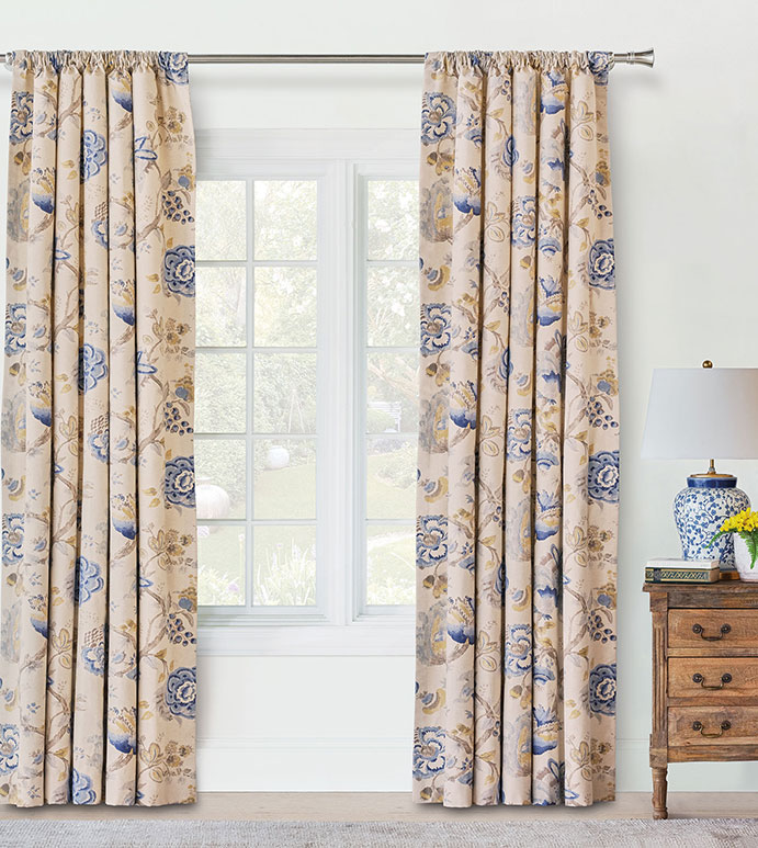 Emory Curtain Panel - FLORAL PRINT CURTAIN,BLUE FLORAL CURTAIN,BLUE FLOWERS,BLUE AND GOLD,BLUE AND YELLOW,BLUE AND TAN,ASIAN STYLE FLORAL,EAST ASIAN DESIGN,FLORAL ROD POCKET CURTAIN,BOTANICAL ROD POCKET