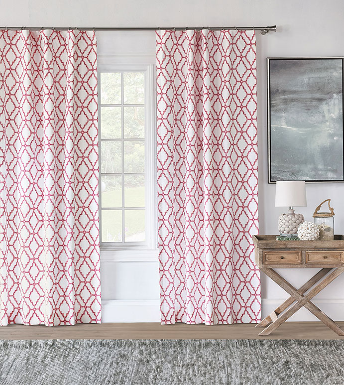 PALOMA TRELLIS CURTAIN PANEL - CURTAIN,DRAPERIES,CURTAIN PANEL,ROD POCKET,TRELLIS,LATTICE,MEDALLION,PINK,ORANGE,BRIGHT,COLORFUL,PATTERNED,PRINT,GIRLS,BOHO,KIDS,ECLECTIC,ETHNIC,GLOBAL,CORAL,LUXURY,QUALITY,HIGHEND